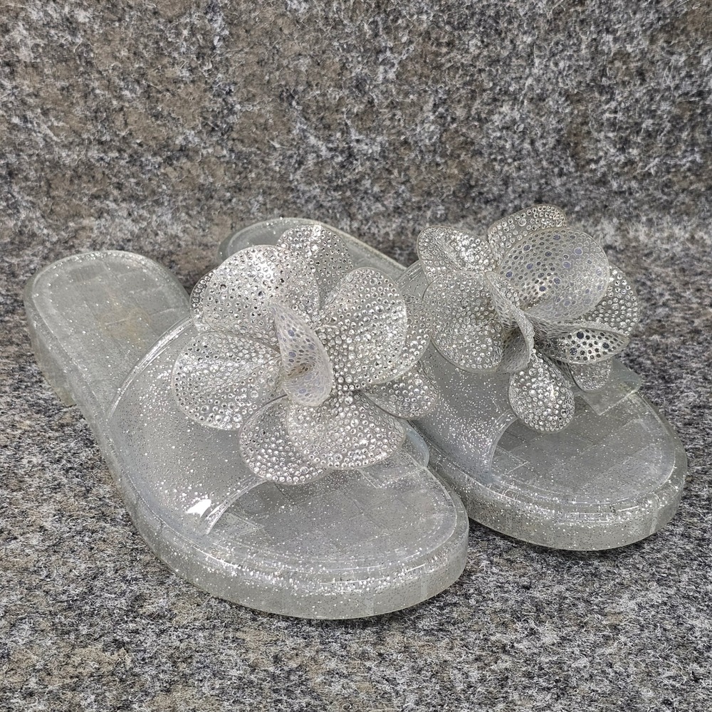 Jessica Simpson "Kerah" Flat Jelly Slide Sandals, Clear with Silver Glitter, 8M
